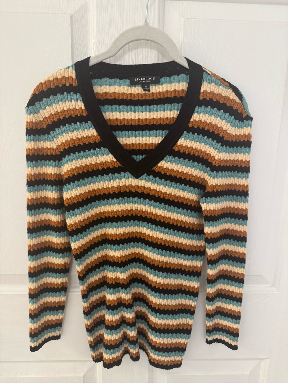 Liverpool Striped V-Neck Sweater in Teal, Cream, Brown & Black